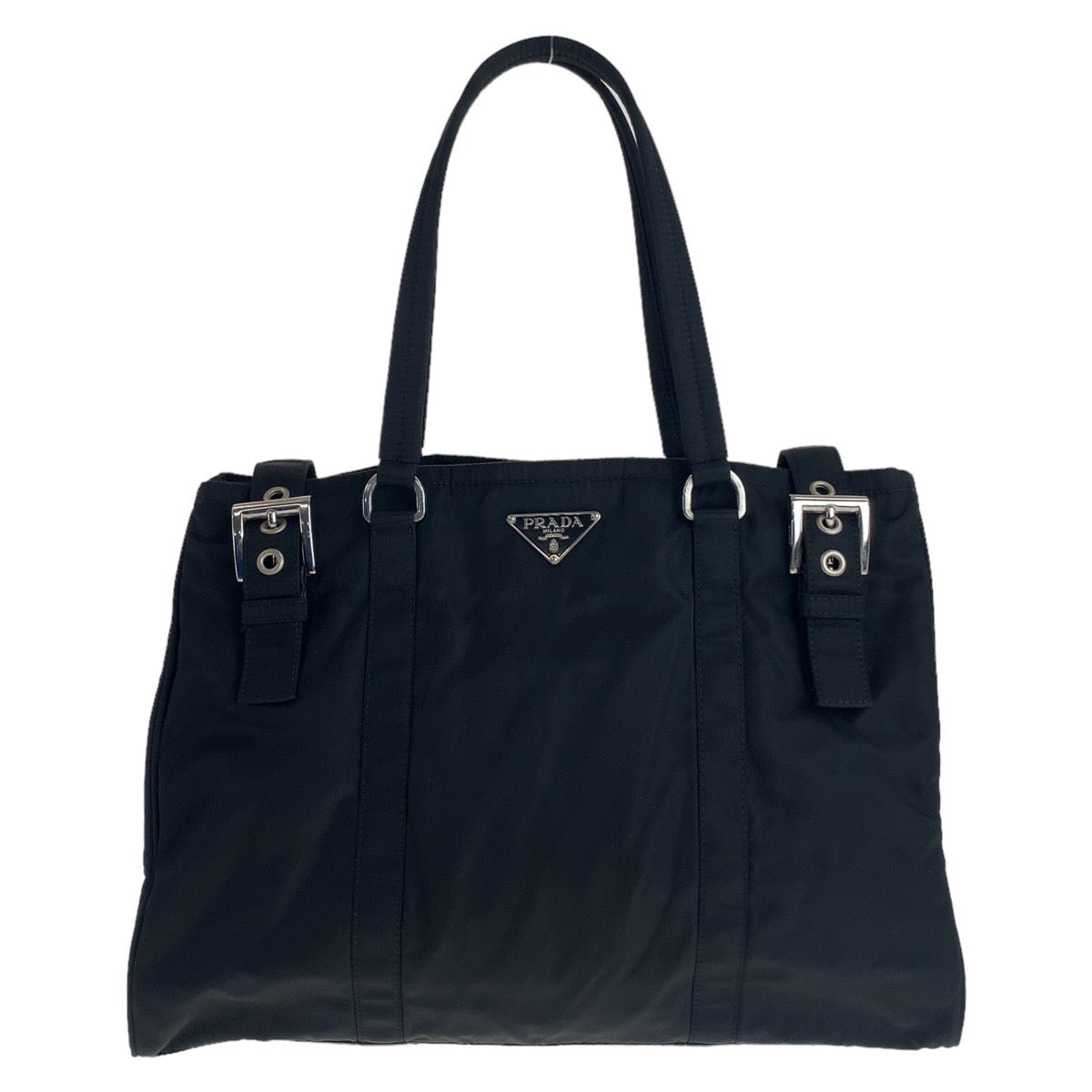 PRADA Tote Bag Nylon Black SilverMetal Tote Bag Shoulder Bag Test Triangle With logo Women Used Authentic