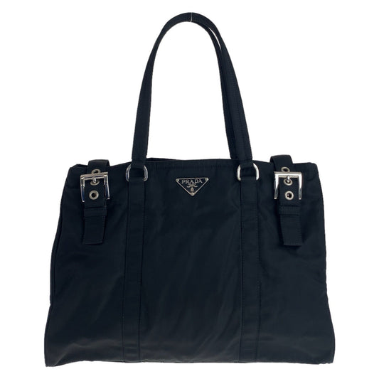 PRADA Tote Bag Nylon Black SilverMetal Tote Bag Shoulder Bag Test Triangle With logo Women Used Authentic