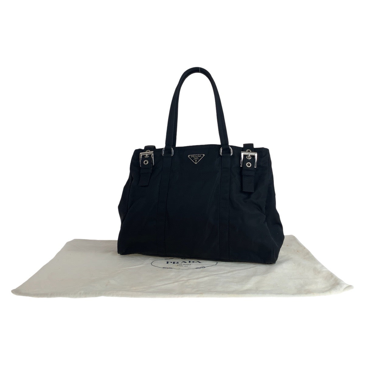 PRADA Tote Bag Nylon Black SilverMetal Tote Bag Shoulder Bag Test Triangle With logo Women Used Authentic