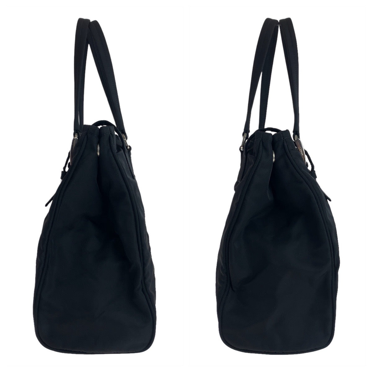 PRADA Tote Bag Nylon Black SilverMetal Tote Bag Shoulder Bag Test Triangle With logo Women Used Authentic