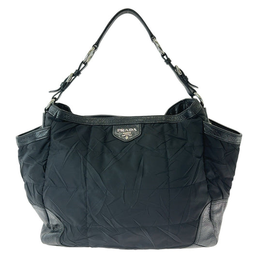 PRADA Shoulder Bag Nylon, Leather Black SilverMetal Hobo Shoulder Bag Tessuto Wrinkled Triangle With logo Women Used Authentic