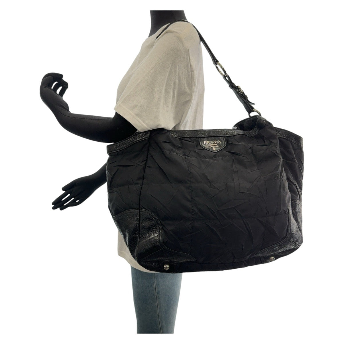 PRADA Shoulder Bag Nylon, Leather Black SilverMetal Hobo Shoulder Bag Tessuto Wrinkled Triangle With logo Women Used Authentic