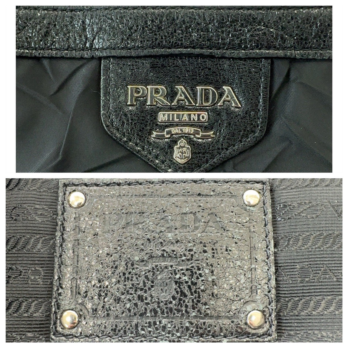 PRADA Shoulder Bag Nylon, Leather Black SilverMetal Hobo Shoulder Bag Tessuto Wrinkled Triangle With logo Women Used Authentic