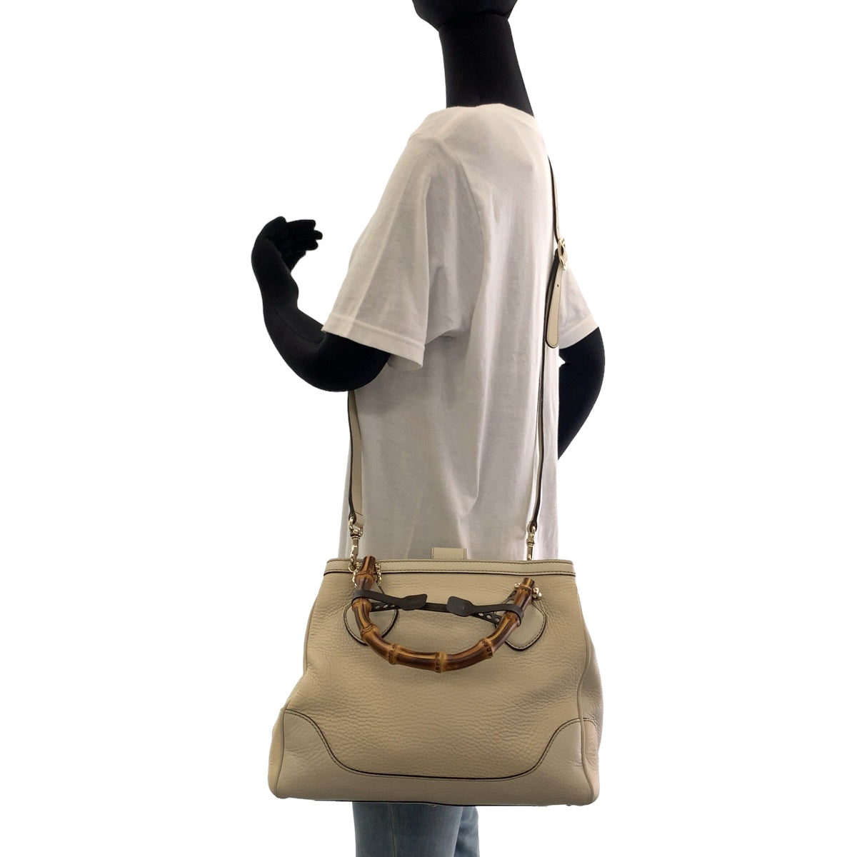 GUCCI Shoulder Bag 308360 leather Ivory Brown Gold Metal Shoulder Bag handbag Bamboo Women Used Authentic