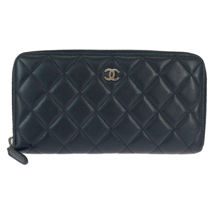 CHANEL Long Wallet Purse lambskin Black SilverMetal Long Wallet Purse Zip Around Matrasse COCO Mark Women Used Authentic