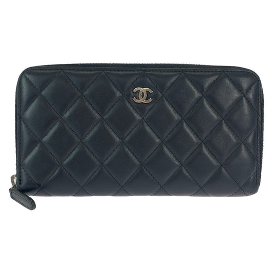 CHANEL Long Wallet Purse lambskin Black SilverMetal Long Wallet Purse Zip Around Matrasse COCO Mark Women Used Authentic