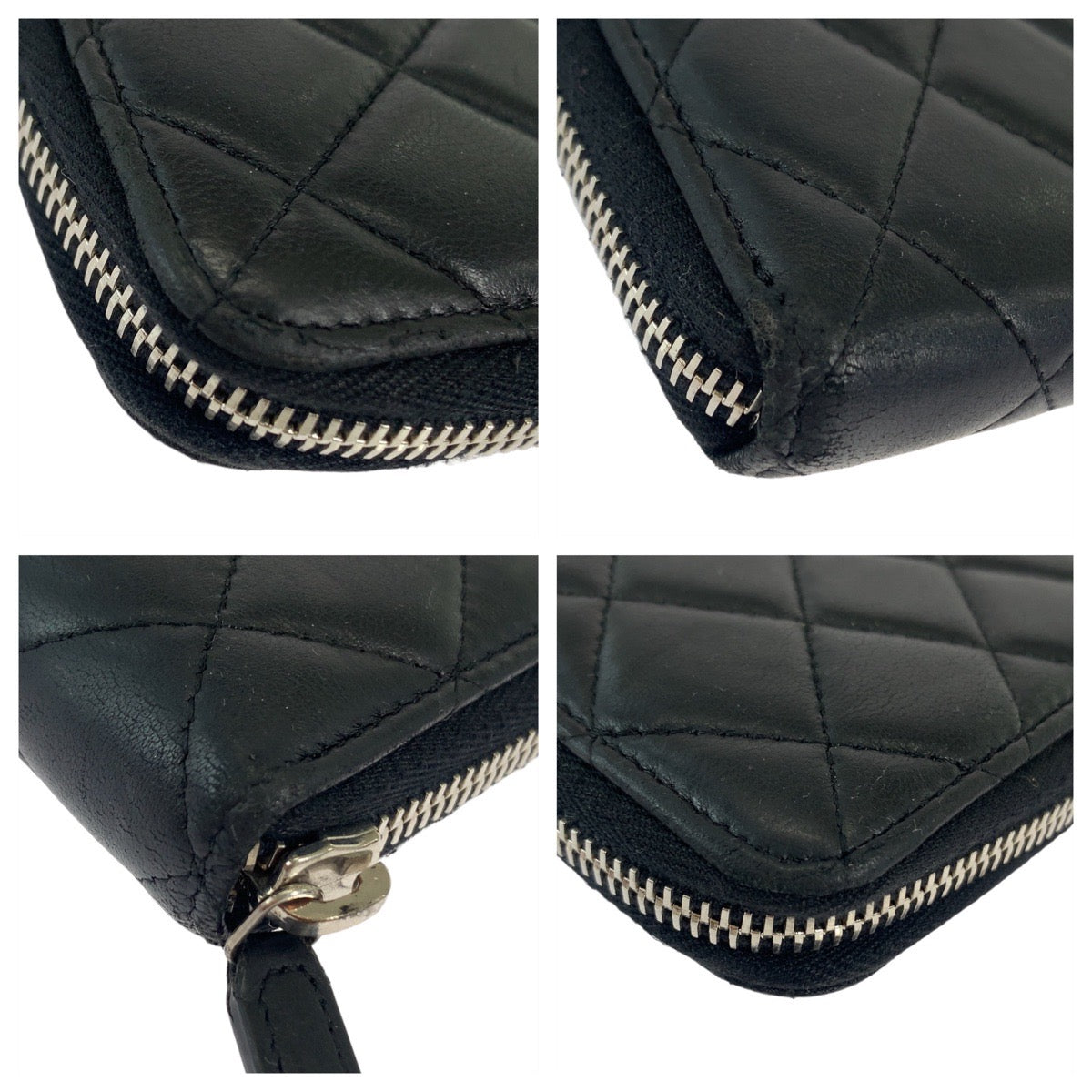 CHANEL Long Wallet Purse lambskin Black SilverMetal Long Wallet Purse Zip Around Matrasse COCO Mark Women Used Authentic