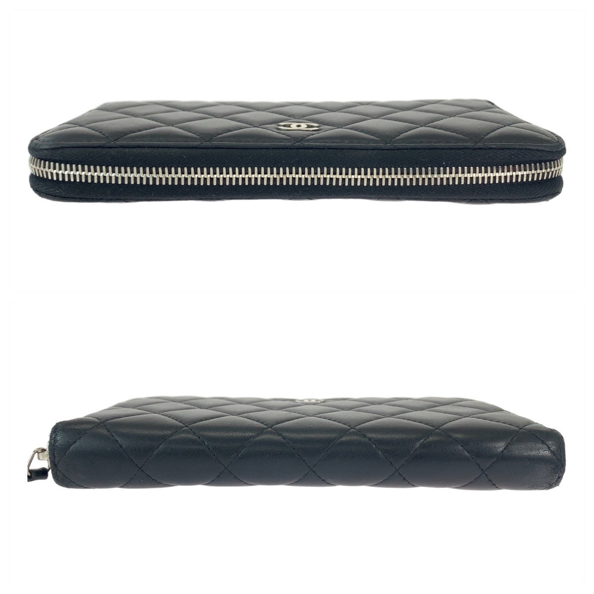 CHANEL Long Wallet Purse lambskin Black SilverMetal Long Wallet Purse Zip Around Matrasse COCO Mark Women Used Authentic