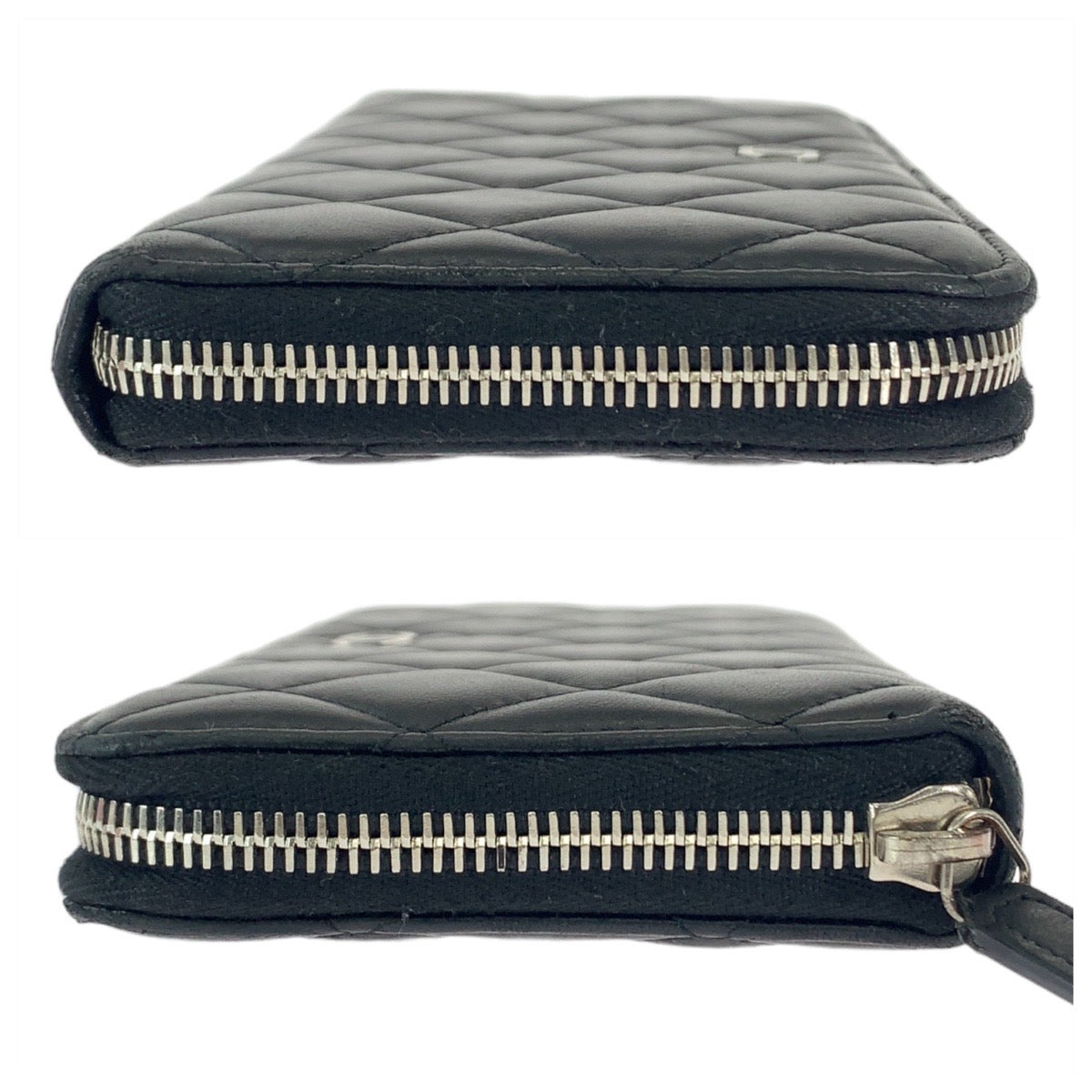 CHANEL Long Wallet Purse lambskin Black SilverMetal Long Wallet Purse Zip Around Matrasse COCO Mark Women Used Authentic
