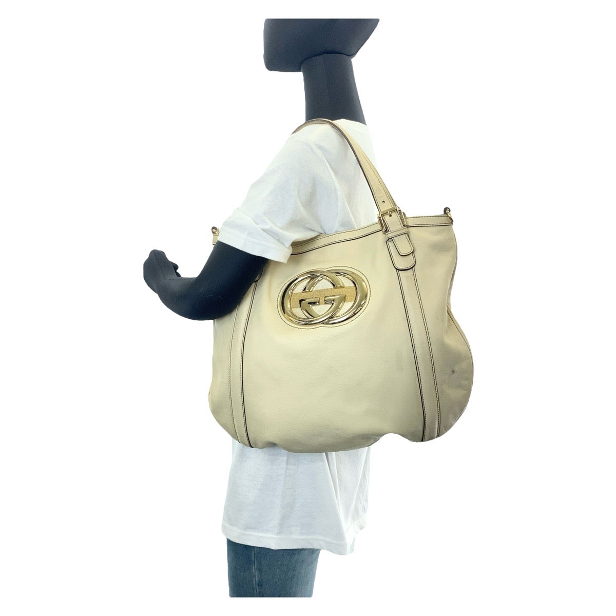 GUCCI Tote Bag 162336 leather White Beige Gold Metal Tote Bag Shoulder Bag Interlocking Newbrit Women Used Authentic