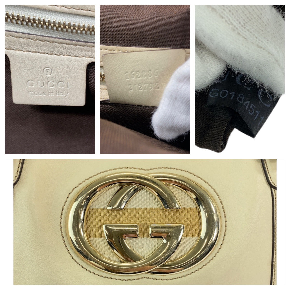 GUCCI Tote Bag 162336 leather White Beige Gold Metal Tote Bag Shoulder Bag Interlocking Newbrit Women Used Authentic