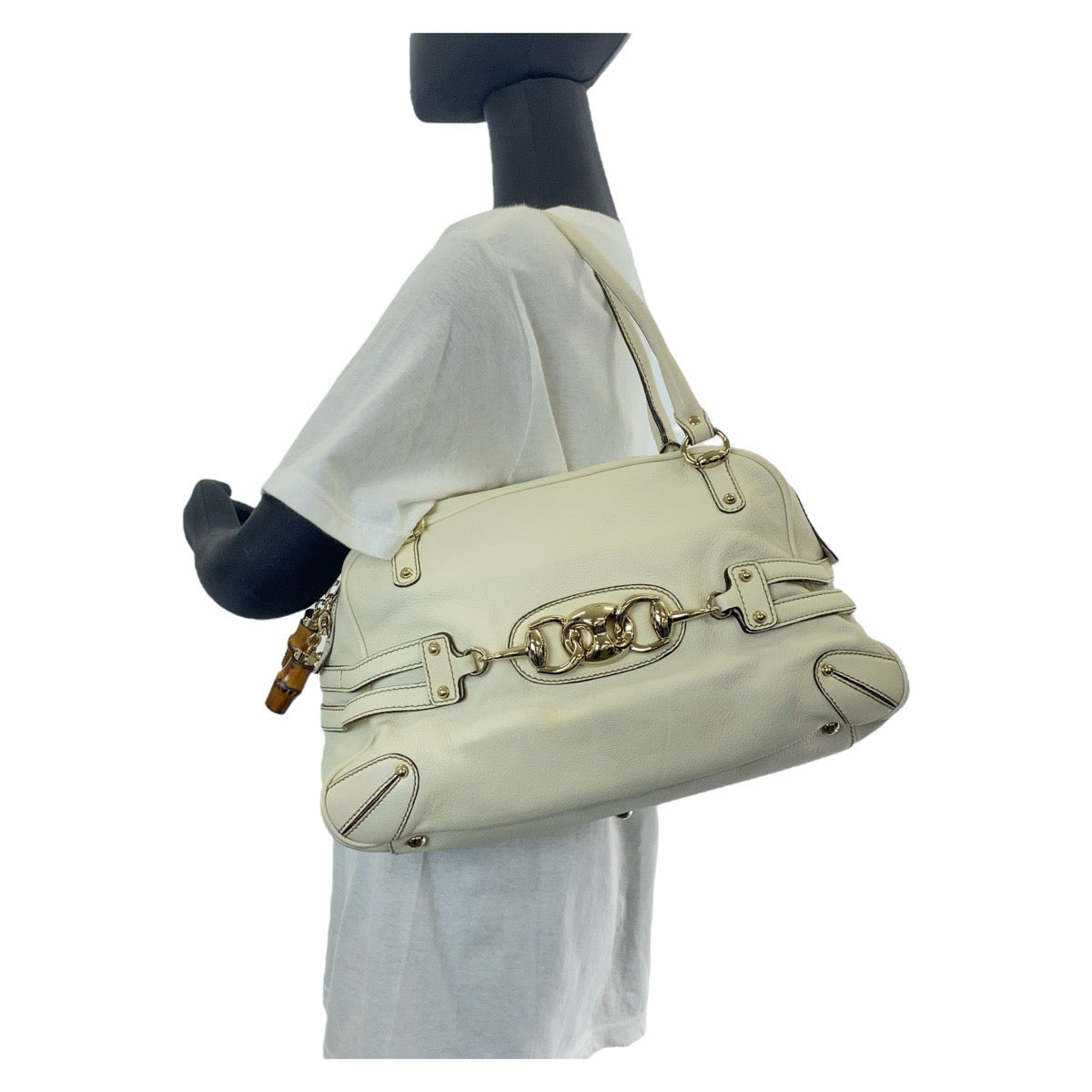 GUCCI Handbag 159398 leather White GoldMetal Handbag Shoulder Bag Bamboo Horsebit Women Used Authentic