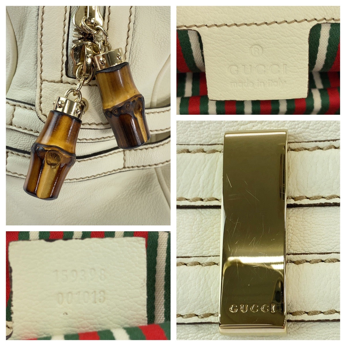 GUCCI Handbag 159398 leather White GoldMetal Handbag Shoulder Bag Bamboo Horsebit Women Used Authentic