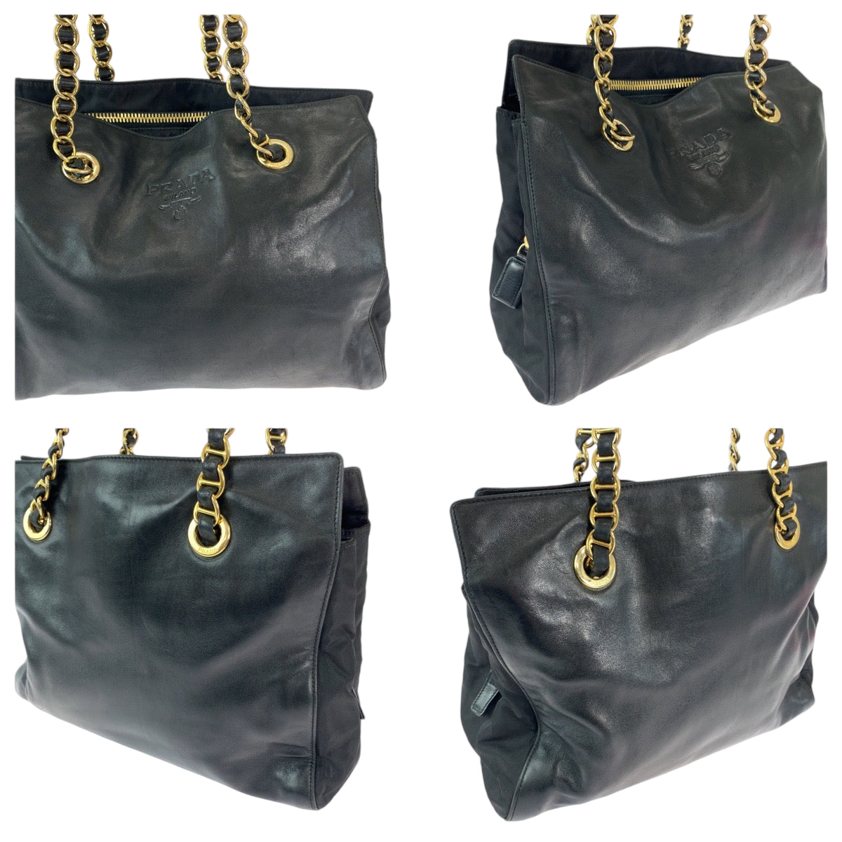 PRADA Tote Bag B4328 leather Black GoldMetal Tote Bag Shoulder Bag Logo embossed Women Used Authentic