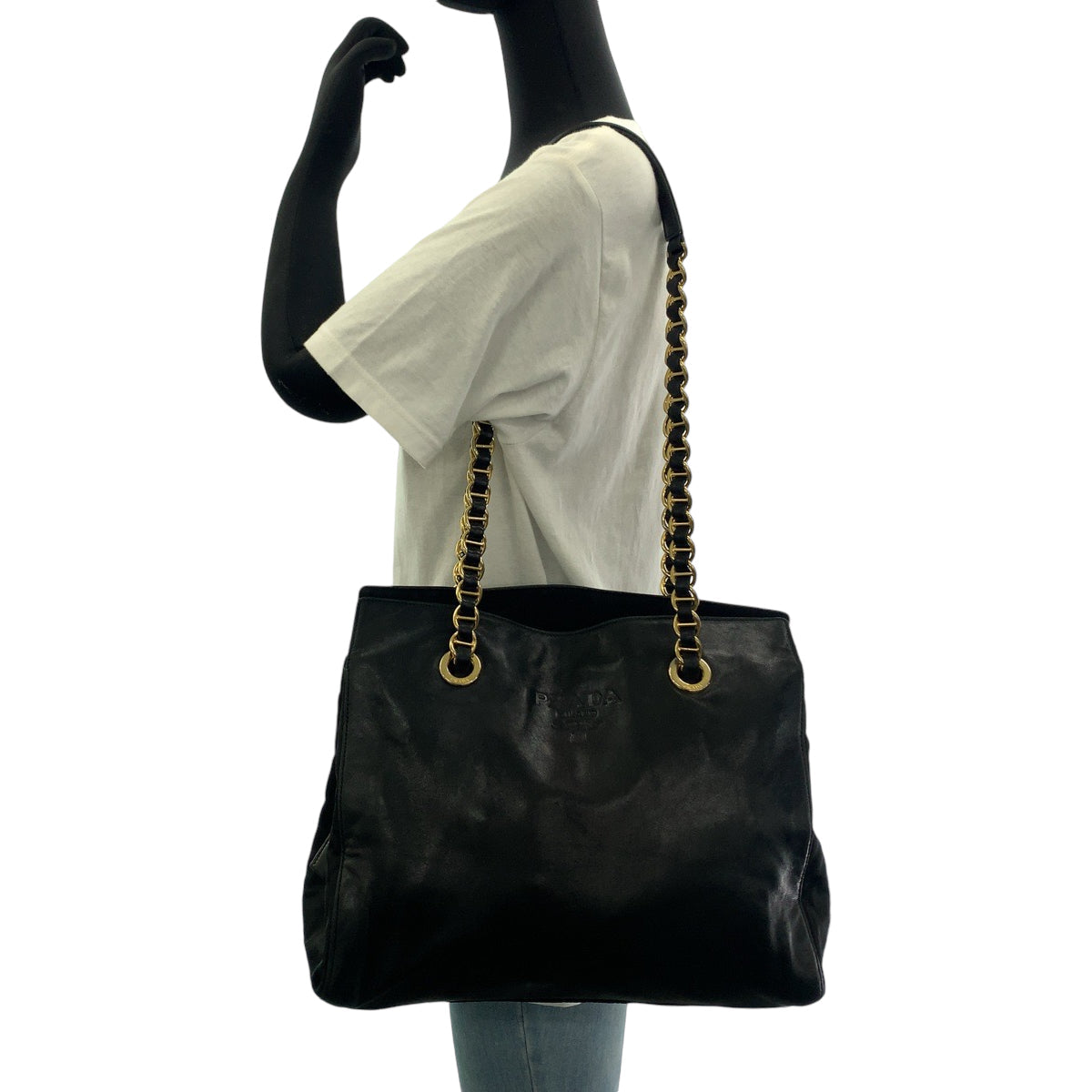 PRADA Tote Bag B4328 leather Black GoldMetal Tote Bag Shoulder Bag Logo embossed Women Used Authentic