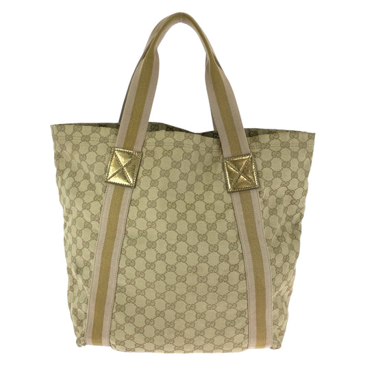 GUCCI Tote Bag 189669 GG canvas Beige gold Tote Bag Shoulder Bag Sherry line Women Used Authentic