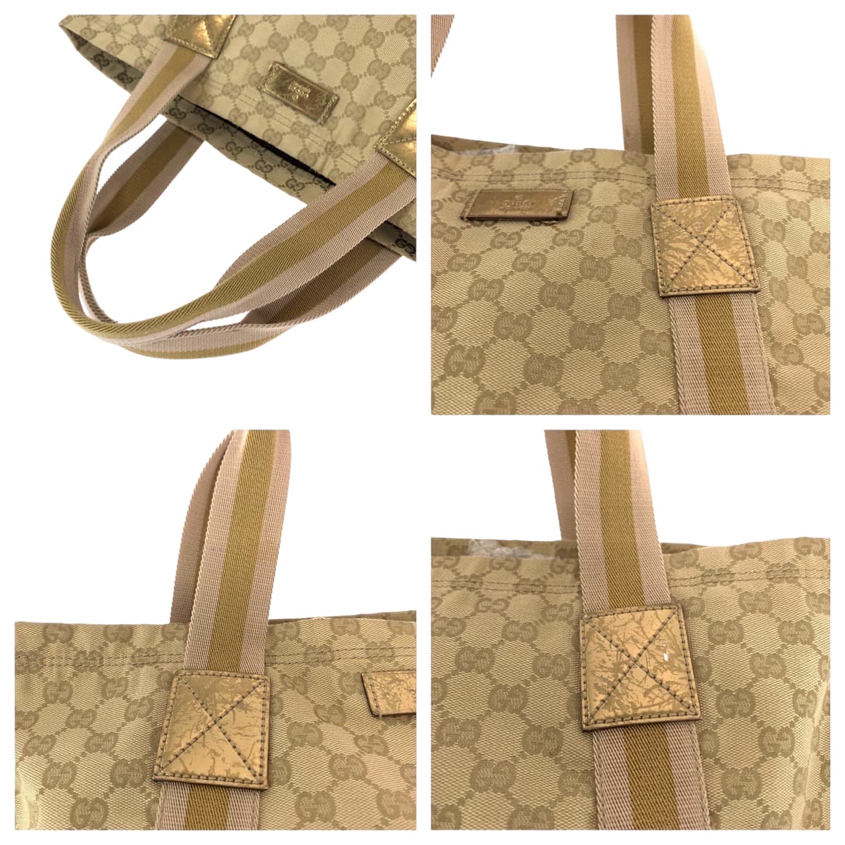 GUCCI Tote Bag 189669 GG canvas Beige gold Tote Bag Shoulder Bag Sherry line Women Used Authentic