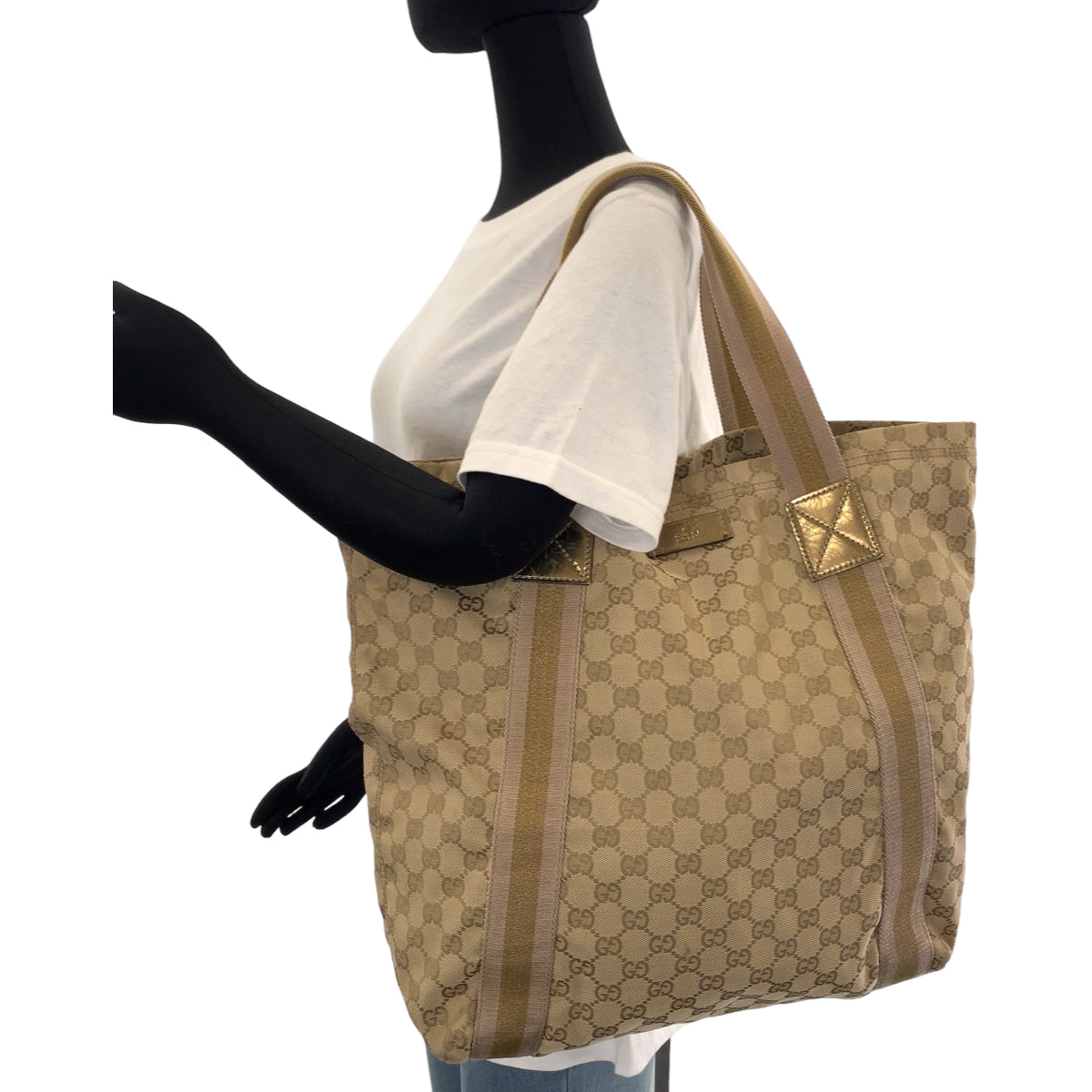 GUCCI Tote Bag 189669 GG canvas Beige gold Tote Bag Shoulder Bag Sherry line Women Used Authentic