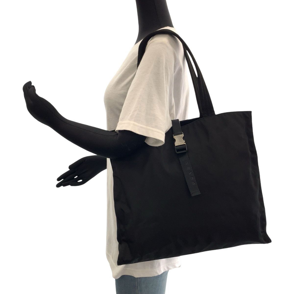PRADA Tote Bag Nylon Black SilverMetal Tote Bag Shoulder Bag Test Women Used Authentic