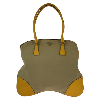 PRADA Tote Bag Canvas, Leather Beige Yellow SilverMetal Tote Bag Handbag Shoulder Bag Triangle With logo Women Used Authentic