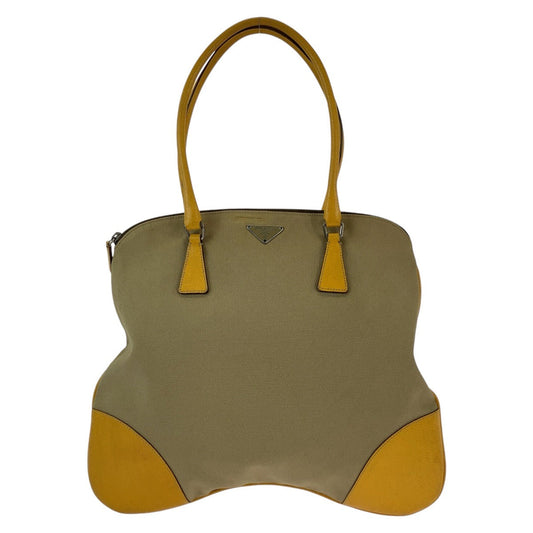 PRADA Tote Bag Canvas, Leather Beige Yellow SilverMetal Tote Bag Handbag Shoulder Bag Triangle With logo Women Used Authentic