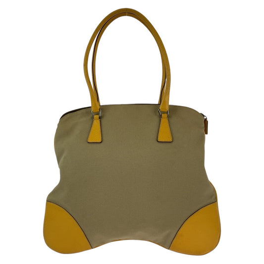PRADA Tote Bag Canvas, Leather Beige Yellow SilverMetal Tote Bag Handbag Shoulder Bag Triangle With logo Women Used Authentic