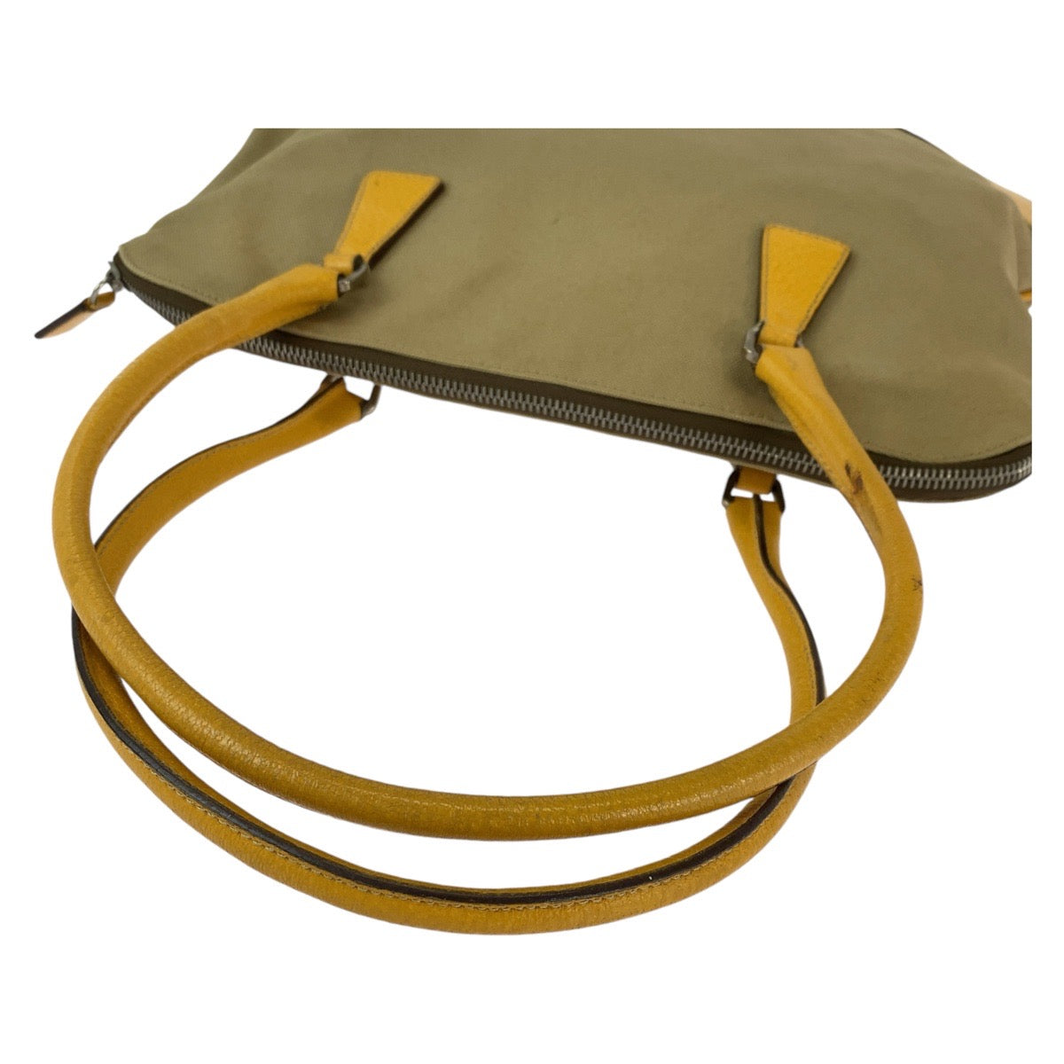 PRADA Tote Bag Canvas, Leather Beige Yellow SilverMetal Tote Bag Handbag Shoulder Bag Triangle With logo Women Used Authentic