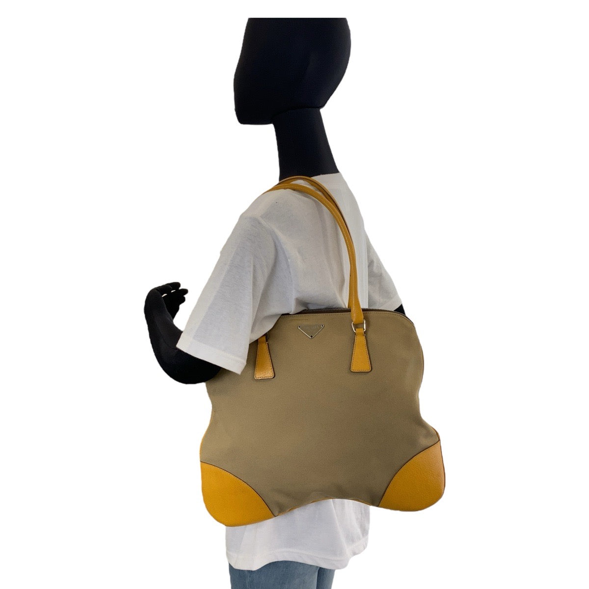 PRADA Tote Bag Canvas, Leather Beige Yellow SilverMetal Tote Bag Handbag Shoulder Bag Triangle With logo Women Used Authentic