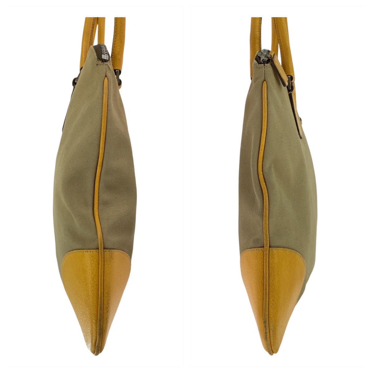 PRADA Tote Bag Canvas, Leather Beige Yellow SilverMetal Tote Bag Handbag Shoulder Bag Triangle With logo Women Used Authentic