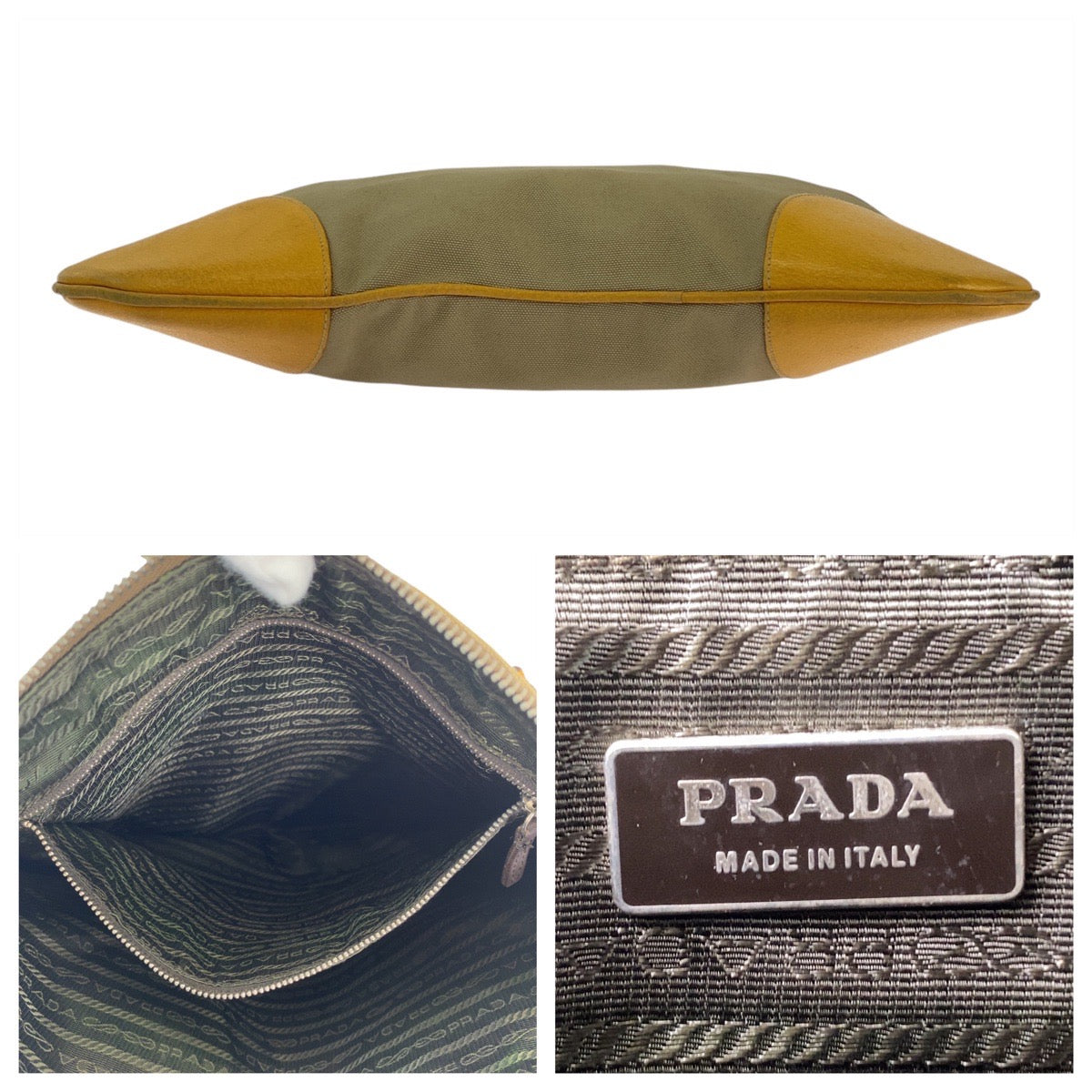 PRADA Tote Bag Canvas, Leather Beige Yellow SilverMetal Tote Bag Handbag Shoulder Bag Triangle With logo Women Used Authentic