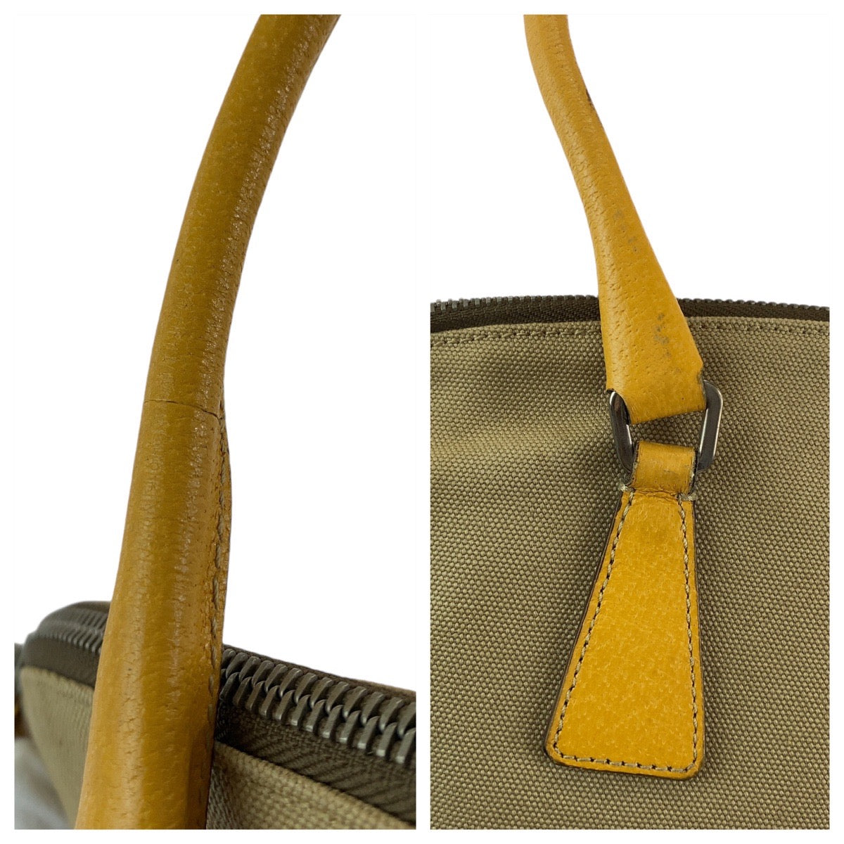 PRADA Tote Bag Canvas, Leather Beige Yellow SilverMetal Tote Bag Handbag Shoulder Bag Triangle With logo Women Used Authentic