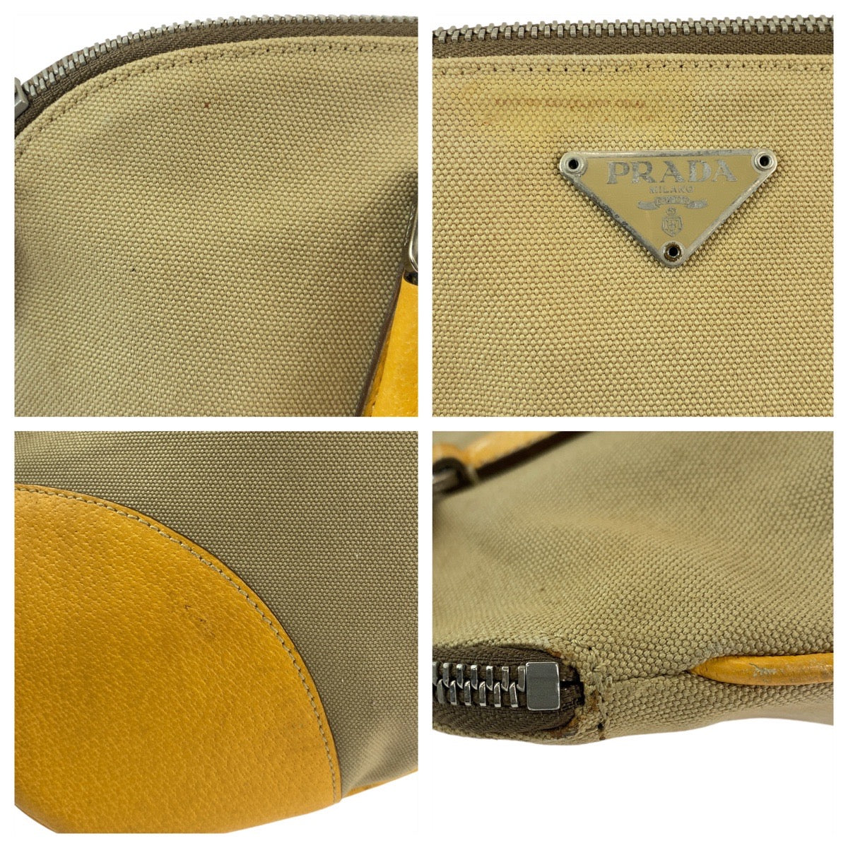PRADA Tote Bag Canvas, Leather Beige Yellow SilverMetal Tote Bag Handbag Shoulder Bag Triangle With logo Women Used Authentic