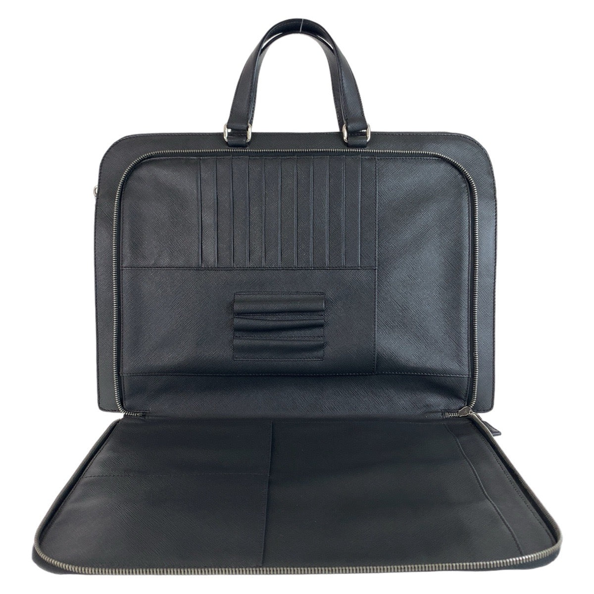 PRADA Business bag leather Dark Grey SilverMetal Business bag briefcase A4 compatible Safiano Triangle With logo mens Used Authentic