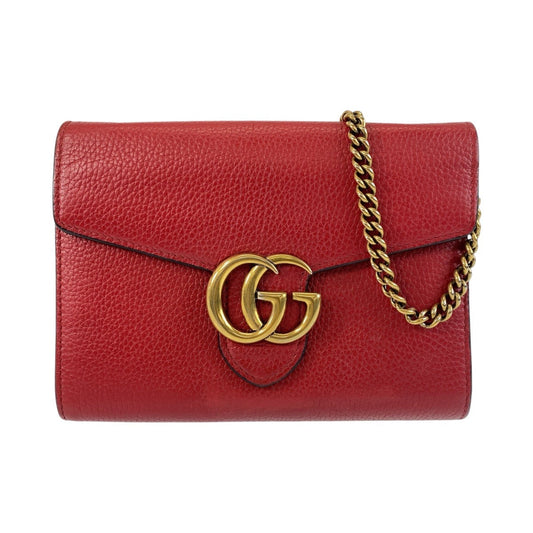 GUCCI Shoulder Bag 401232 leather Red Gold Metal Crossbody Shoulder Bag Chain Wallet GG Marmont Women Used Authentic