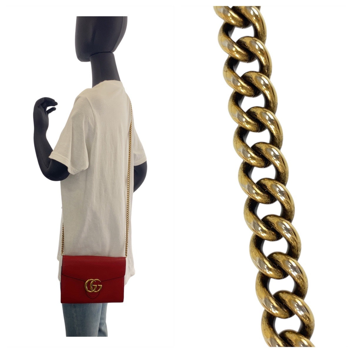 GUCCI Shoulder Bag 401232 leather Red Gold Metal Crossbody Shoulder Bag Chain Wallet GG Marmont Women Used Authentic