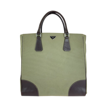 PRADA Tote Bag Canvas, Leather Khaki Brown SilverMetal Tote Bag Shoulder Bag Unisex Triangle With logo Women Used Authentic