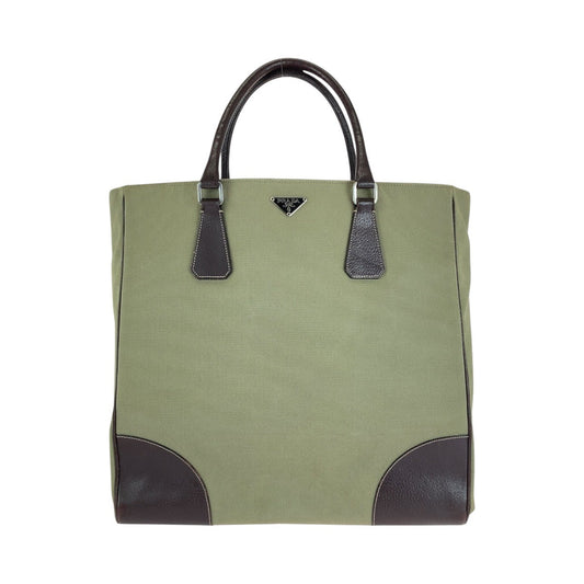 PRADA Tote Bag Canvas, Leather Khaki Brown SilverMetal Tote Bag Shoulder Bag Unisex Triangle With logo Women Used Authentic