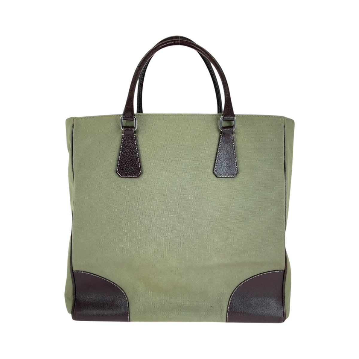 PRADA Tote Bag Canvas, Leather Khaki Brown SilverMetal Tote Bag Shoulder Bag Unisex Triangle With logo Women Used Authentic
