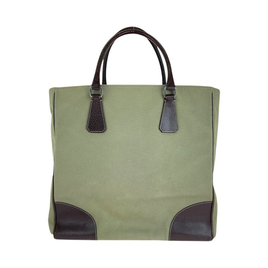 PRADA Tote Bag Canvas, Leather Khaki Brown SilverMetal Tote Bag Shoulder Bag Unisex Triangle With logo Women Used Authentic