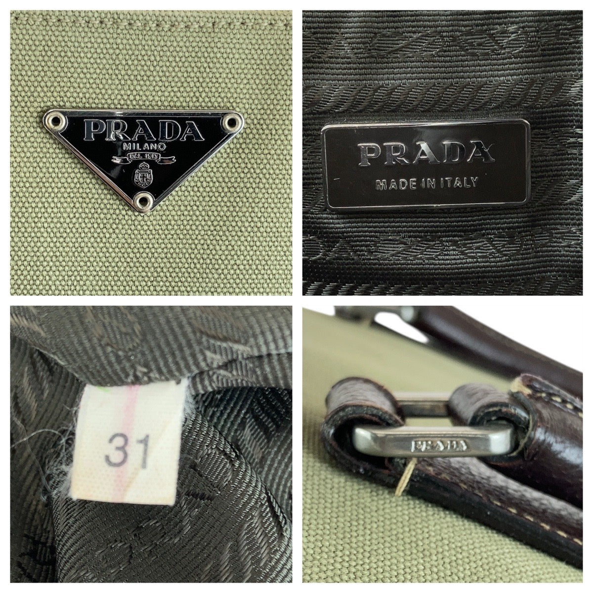 PRADA Tote Bag Canvas, Leather Khaki Brown SilverMetal Tote Bag Shoulder Bag Unisex Triangle With logo Women Used Authentic