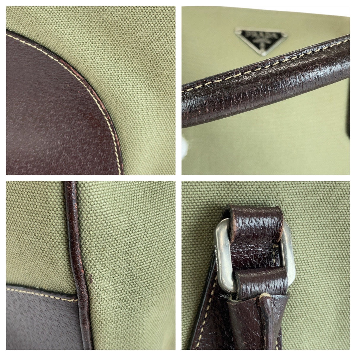 PRADA Tote Bag Canvas, Leather Khaki Brown SilverMetal Tote Bag Shoulder Bag Unisex Triangle With logo Women Used Authentic
