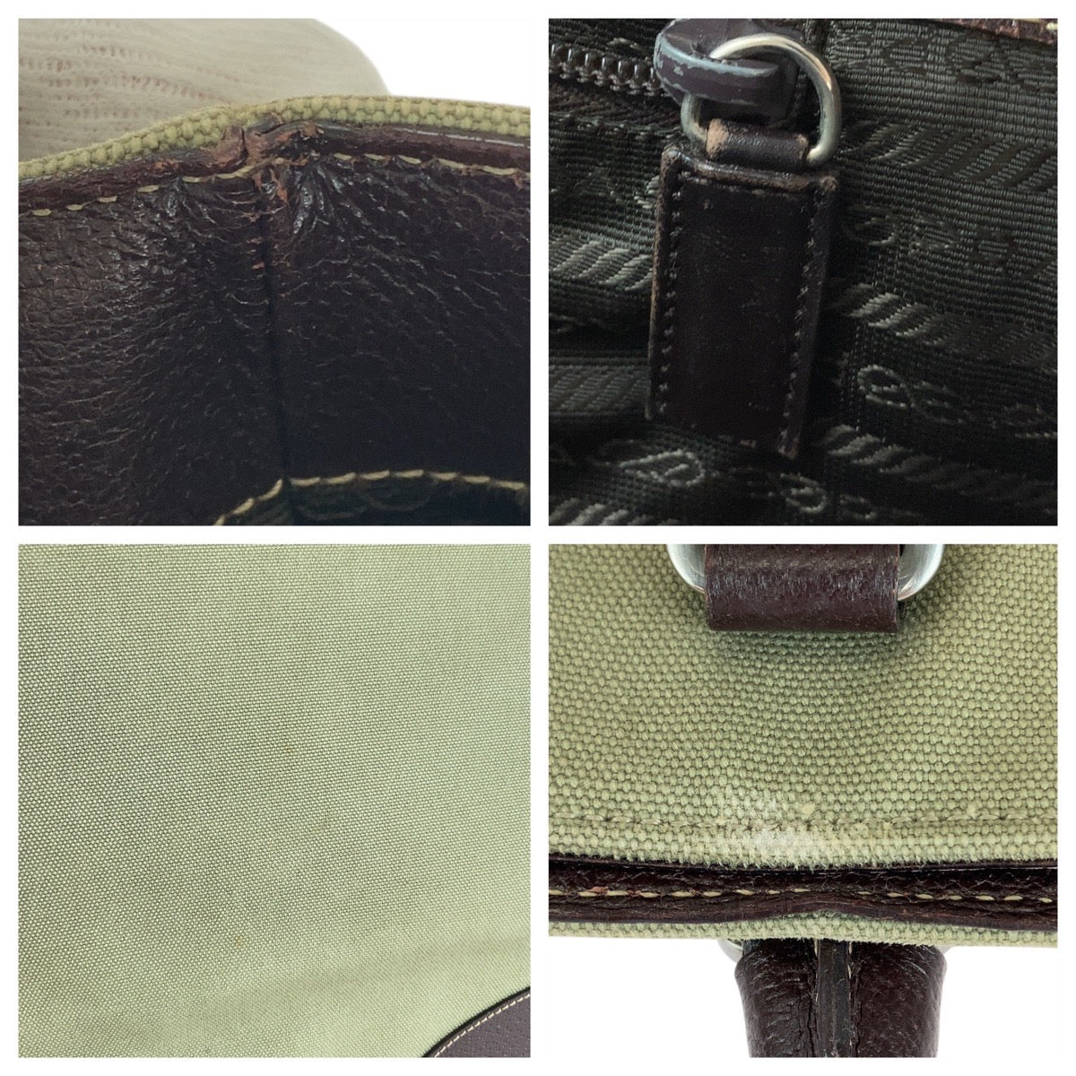 PRADA Tote Bag Canvas, Leather Khaki Brown SilverMetal Tote Bag Shoulder Bag Unisex Triangle With logo Women Used Authentic