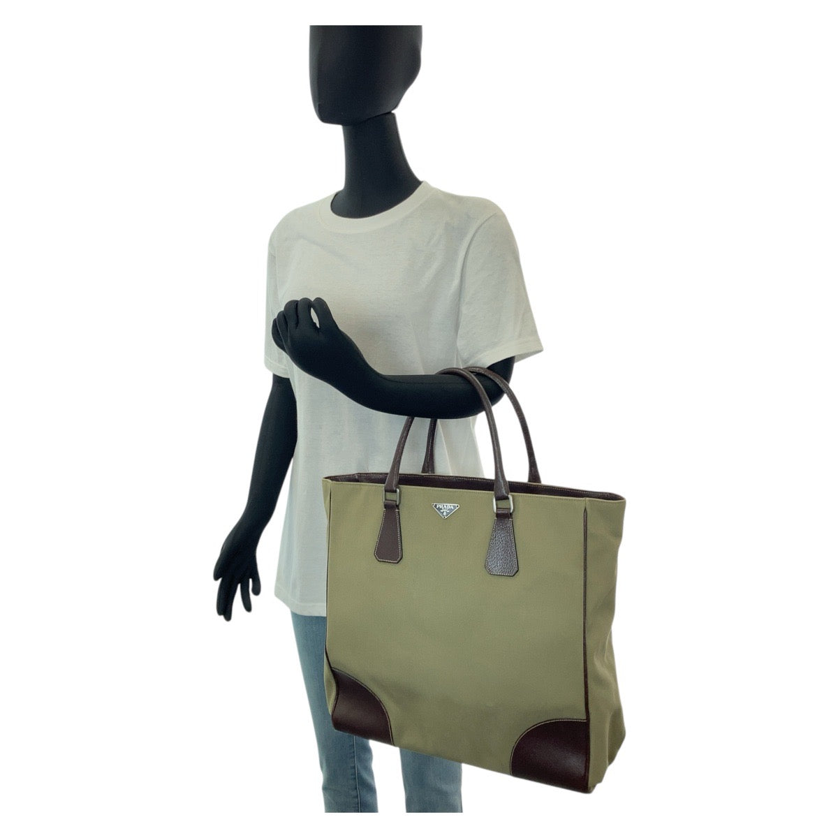 PRADA Tote Bag Canvas, Leather Khaki Brown SilverMetal Tote Bag Shoulder Bag Unisex Triangle With logo Women Used Authentic