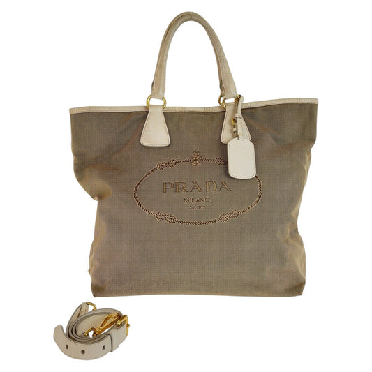 PRADA Tote Bag Canvas, Leather Beige Gold Metal Tote Bag Shoulder Bag 2way Logo jacquard Women Used Authentic