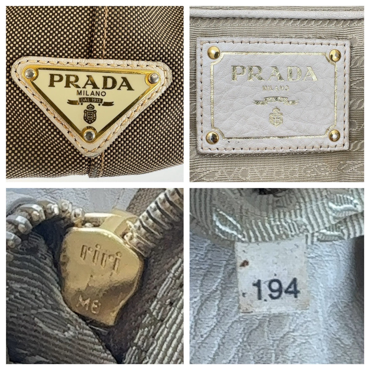 PRADA Tote Bag Canvas, Leather Beige Gold Metal Tote Bag Shoulder Bag 2way Logo jacquard Women Used Authentic
