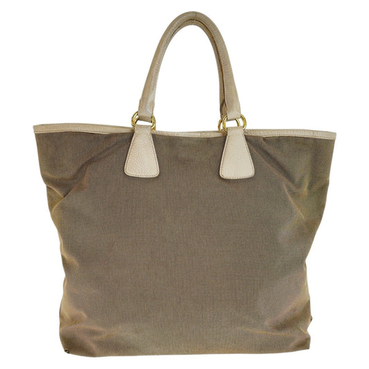 PRADA Tote Bag Canvas, Leather Beige Gold Metal Tote Bag Shoulder Bag 2way Logo jacquard Women Used Authentic