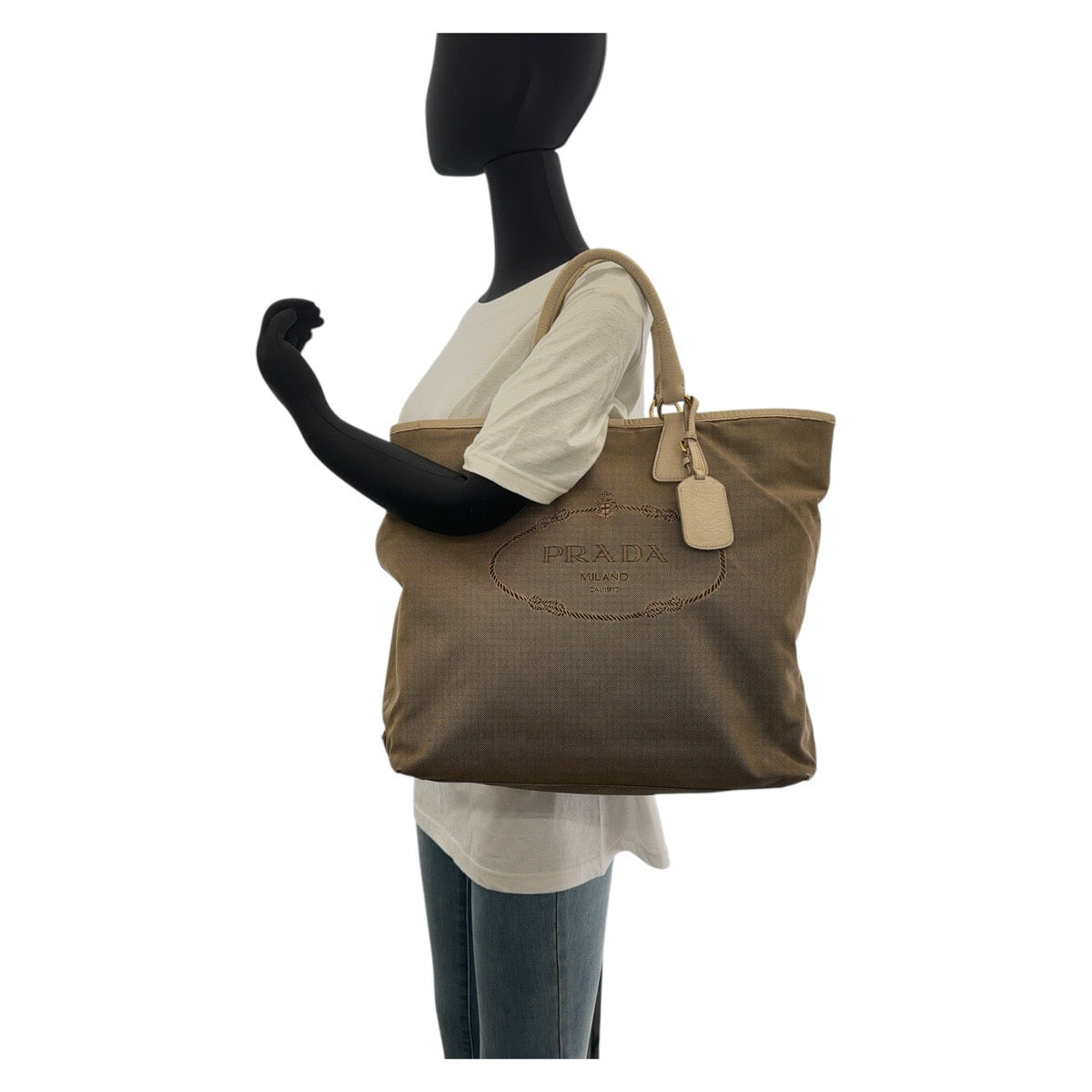 PRADA Tote Bag Canvas, Leather Beige Gold Metal Tote Bag Shoulder Bag 2way Logo jacquard Women Used Authentic