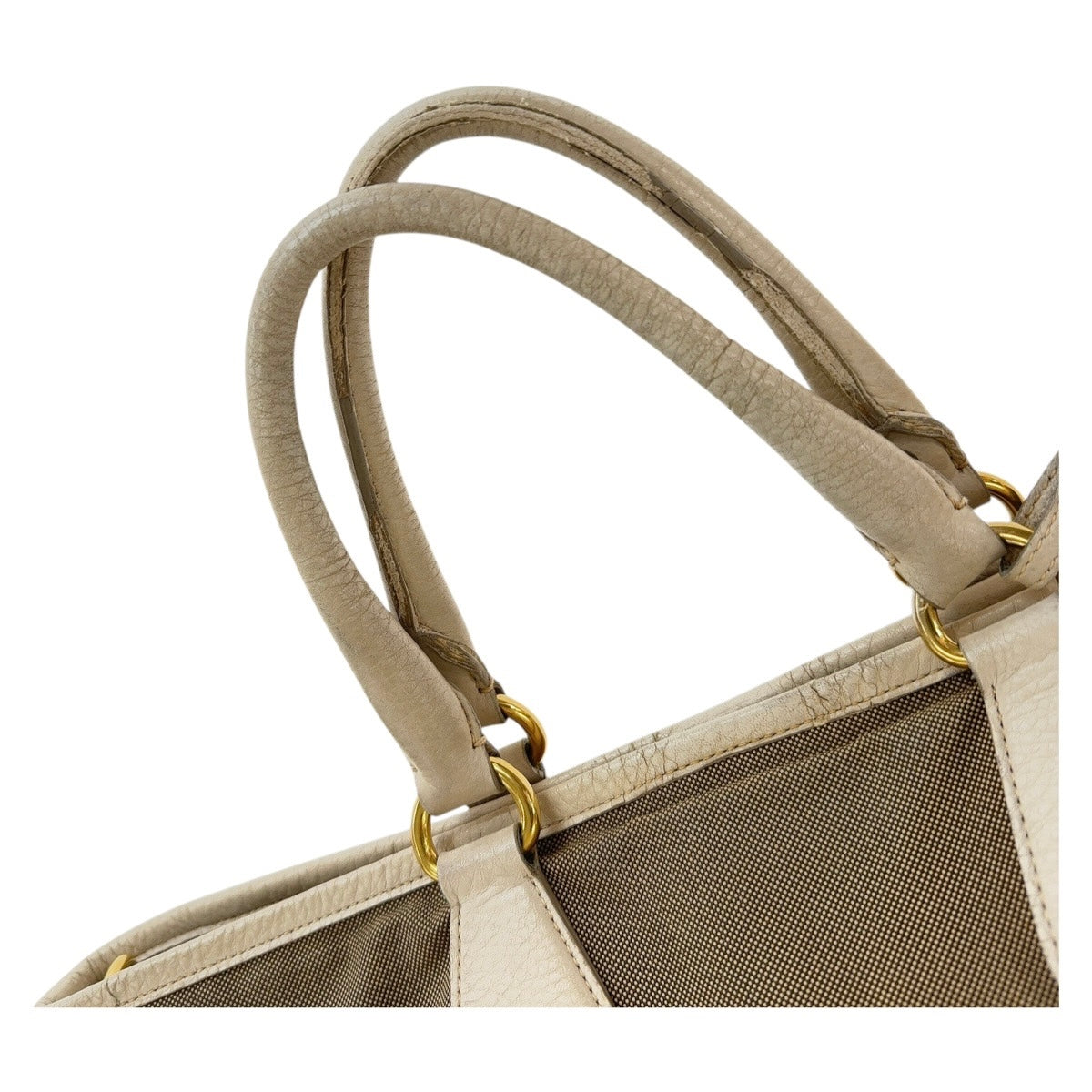 PRADA Tote Bag Canvas, Leather Beige Gold Metal Tote Bag Shoulder Bag 2way Logo jacquard Women Used Authentic