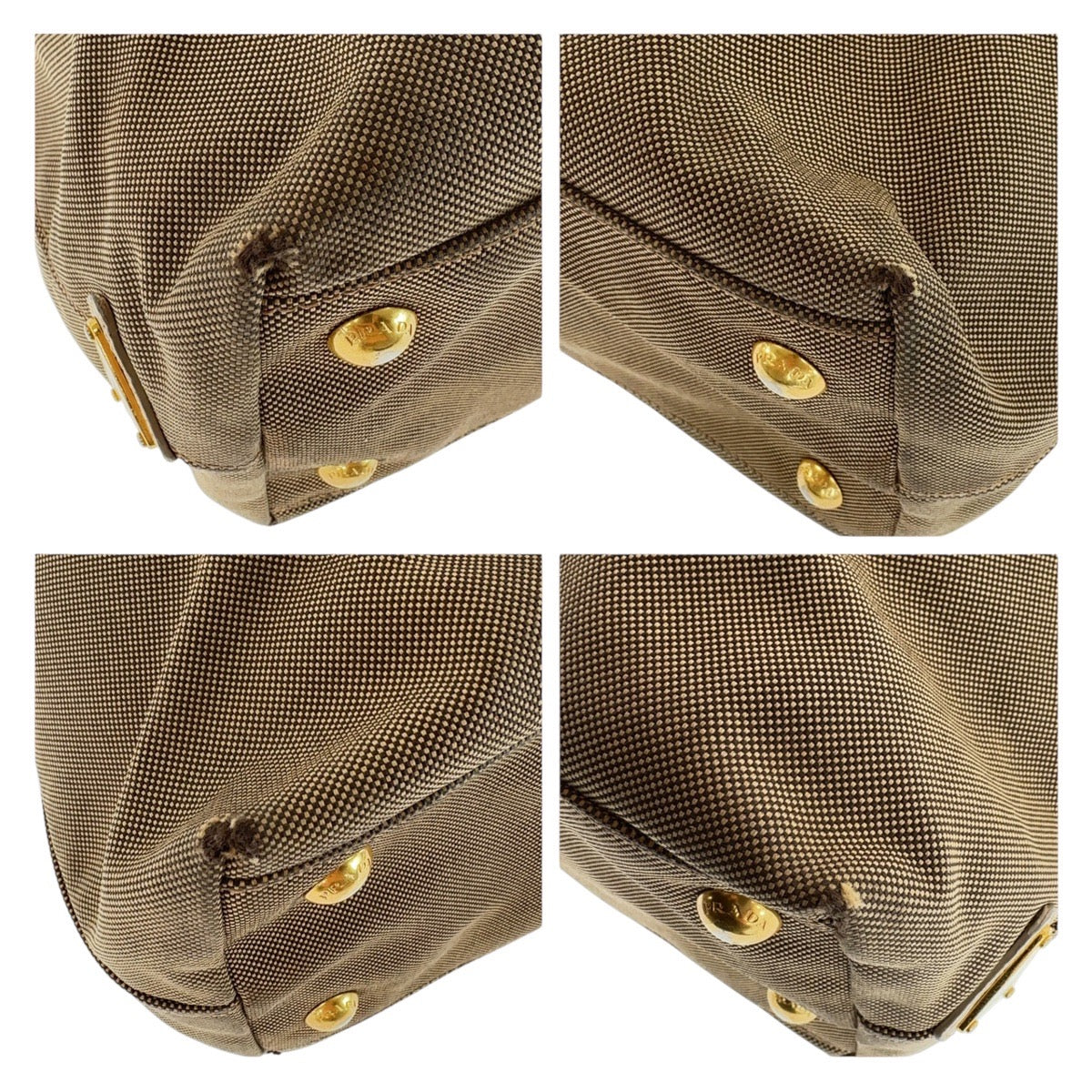 PRADA Tote Bag Canvas, Leather Beige Gold Metal Tote Bag Shoulder Bag 2way Logo jacquard Women Used Authentic