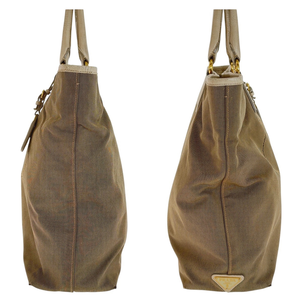 PRADA Tote Bag Canvas, Leather Beige Gold Metal Tote Bag Shoulder Bag 2way Logo jacquard Women Used Authentic